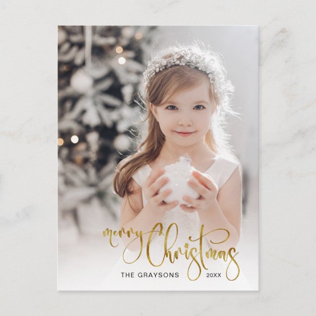 Elegant Gold Merry Christmas Calligraphy Photo Holiday Postcard (Front)