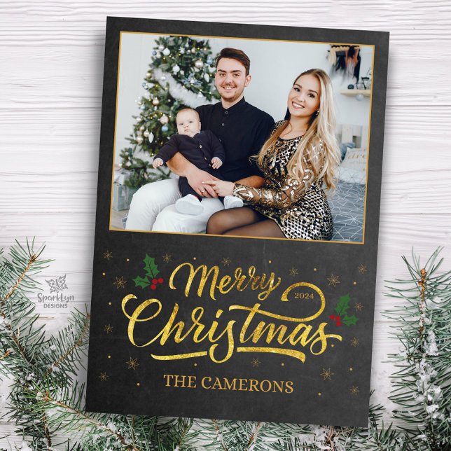 Elegant Gold Merry Christmas Family Photo Card (Glitter details are simulated in artwork. No actual glitter will be used in the making of product.)