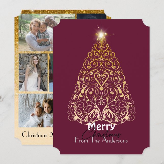 Elegant gold Merry Christmas filigree tree holiday Thank You Card (Front/Back)