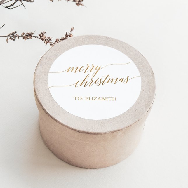 Elegant Gold Merry Christmas Gift Name Classic Round Sticker (Creator Uploaded)
