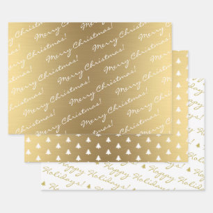 Elegant Gold Merry Christmas Happy Holidays text Wrapping Paper Sheet