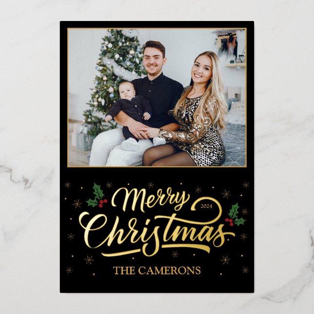 Elegant Gold Merry Christmas, Holly Berry Foil Holiday Card (Front)