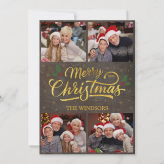 Elegant Gold Merry Christmas Holly Photo Collage Holiday Card