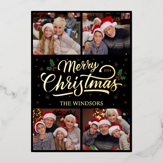 Elegant Gold Merry Christmas Photo Collage Foil Holiday Card (Front)