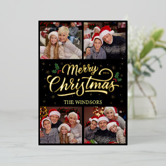 Elegant Gold Merry Christmas Photo Collage Foil Holiday Card