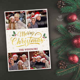 Elegant Gold Merry Christmas Photo Collage Holiday Card