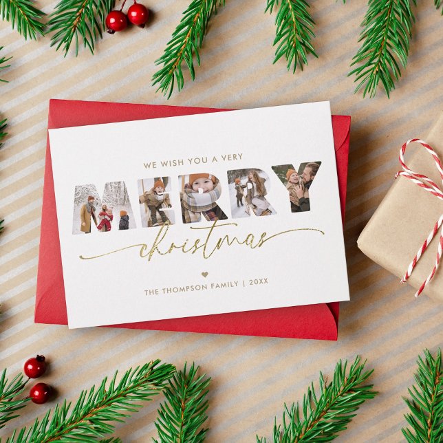 Elegant Gold Merry Christmas Photo Collage Holiday Card (Creator Uploaded)