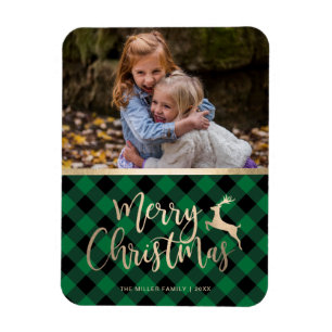 Elegant Gold Merry Christmas Plaid Custom Photo Magnet
