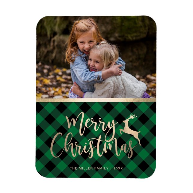 Elegant Gold Merry Christmas Plaid Custom Photo Magnet (Vertical)