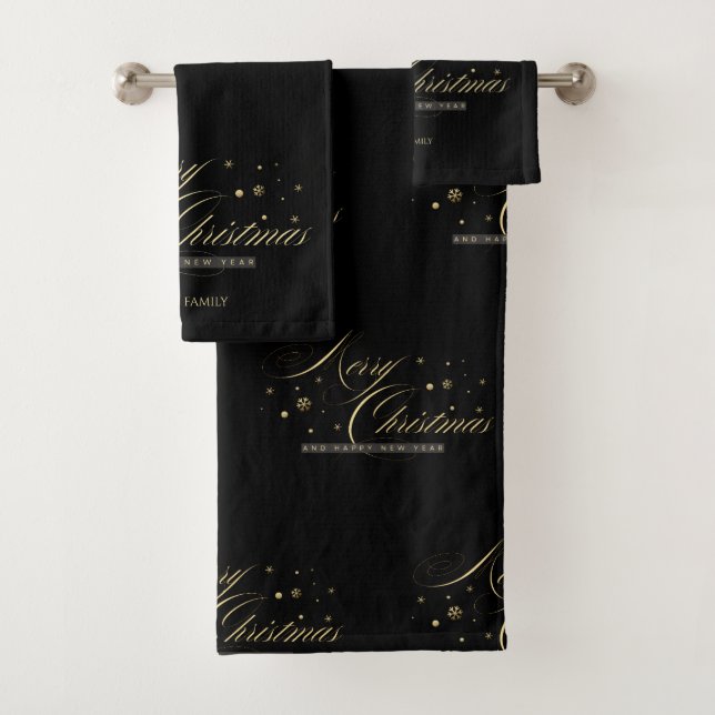 Elegant Gold Merry Christmas Script Black Bath Towel Set (Insitu)