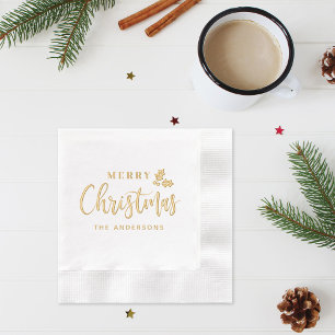 Elegant Gold Merry Christmas Script Family Name Foil Napkins