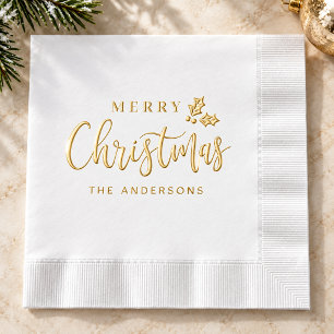 Elegant Gold Merry Christmas Script Family Name Foil Napkins
