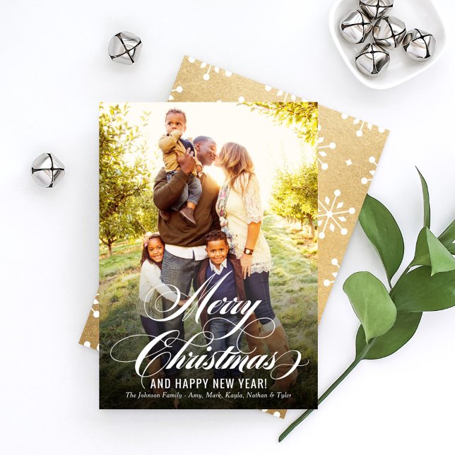 Elegant Gold Merry Christmas Script Photo Holiday Card (Creator Uploaded)