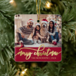 Elegant Gold Merry Christmas Script Photo Red  Ceramic Ornament<br><div class="desc">Modern Elegant Gold Merry Christmas Script Family Photo Red Holiday Ceramic Ornament. Features one) photo template. The „Merry Christmas” greeting text is written in a beautiful hand lettered whimsical faux gold foil font script on rich deep red color background. This Ceramic Ornament Cute gift for your family and friends in...</div>