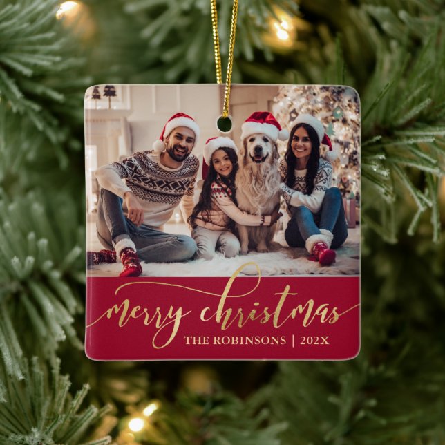 Elegant Gold Merry Christmas Script Photo Red  Ceramic Ornament (Tree)