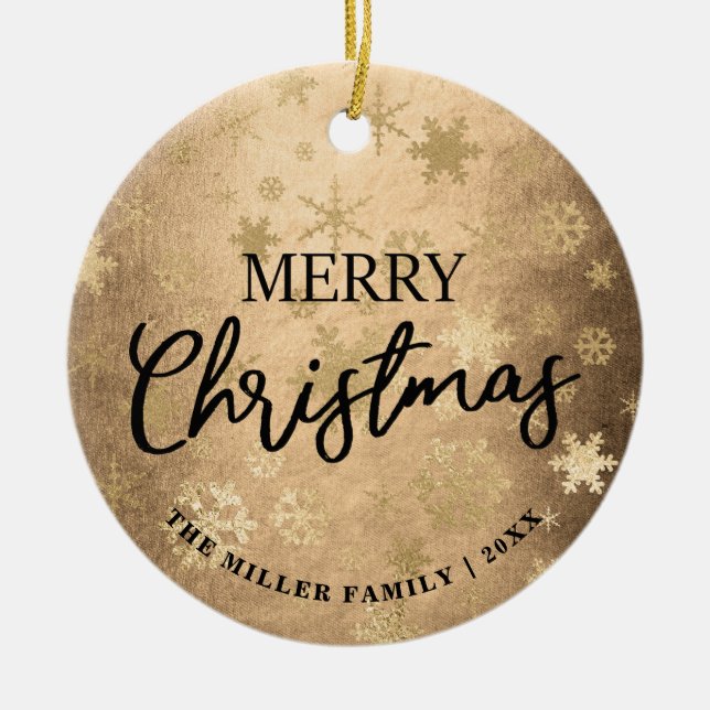 Elegant Gold Merry Christmas Snowflake Pattern Ceramic Ornament (Front)