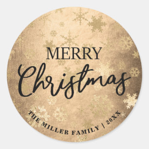 Elegant Gold Merry Christmas Snowflake Pattern Classic Round Sticker