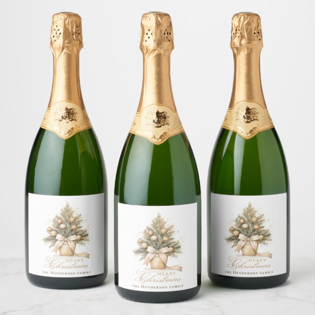 Elegant Gold Merry Christmas Tree Custom Name Sparkling Wine Label (Bottles)
