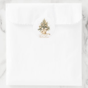 Elegant Gold Merry Christmas Tree Watercolor Classic Round Sticker