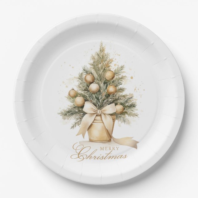 Elegant Gold Merry Christmas Tree Watercolor Paper Plate (Front)