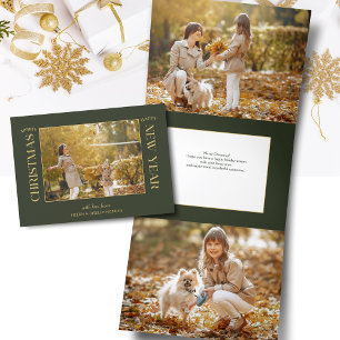 Elegant Gold Merry Christmas Typography Photo Tri-Fold Holiday Card
