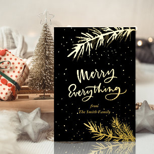 Elegant Gold Merry Everything Pine Bough on Black Foil Holiday Card