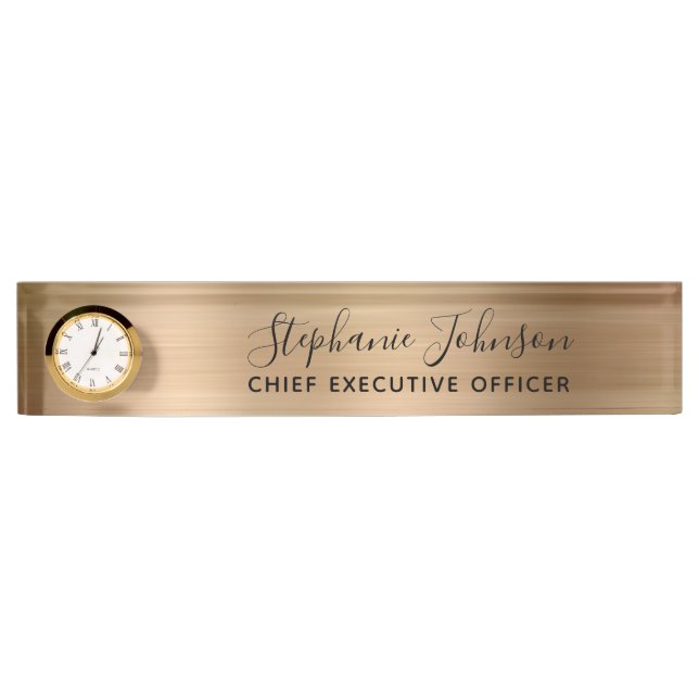 Elegant Gold Metallic Boss Lady CEO Clock Nameplate (Front)