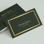 Elegant gold metallic dark emerald green chic business card<br><div class="desc">Classy luxury vintage style faux gold calligraphy business card with a faux gold metallic frame over a dark green elegant background.              Suitable for exclusive beauty salon,  luxurious boutiques,  interior designer,  makeup artist,  hair stylist.</div>