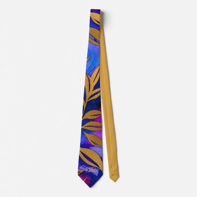 Elegant Gold Metallic Leaves Purple Blue Initials Tie (Front)