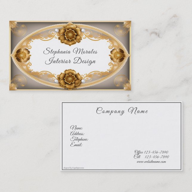 Elegant Gold Metallic Roses and White Pearls Business Card (Front/Back)