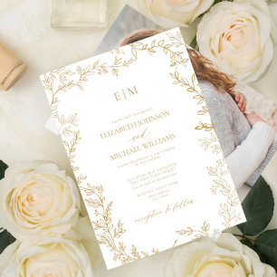 Elegant Gold Minimal Leaf Photo Monogram Wedding Invitation