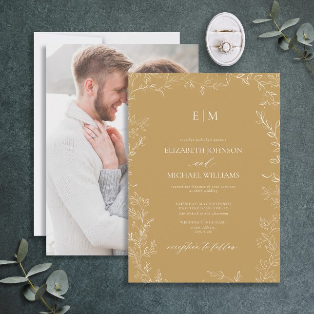 Elegant Gold Minimal Leaf Photo Monogram Wedding Invitation (Creator Uploaded)