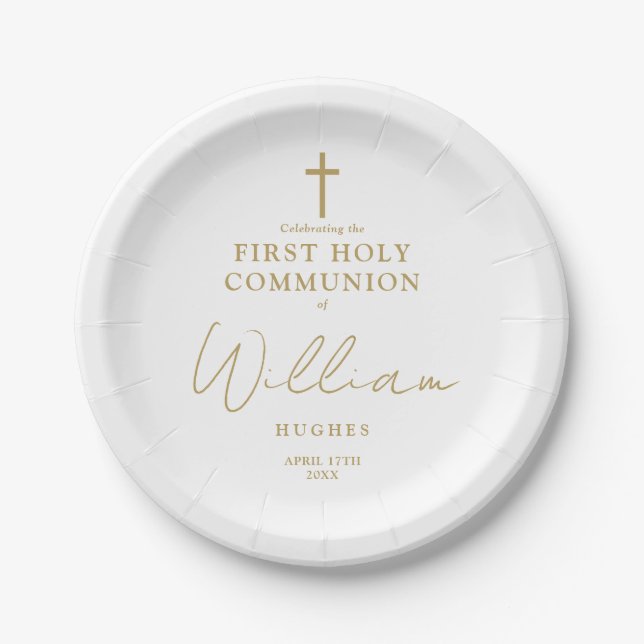Elegant Gold Minimalist First Holy Communion Paper Plate (Front)