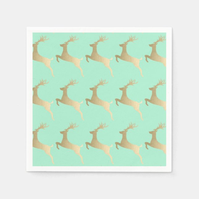 Elegant Gold Mint Christmas Reindeer Pattern Napkin (Front)