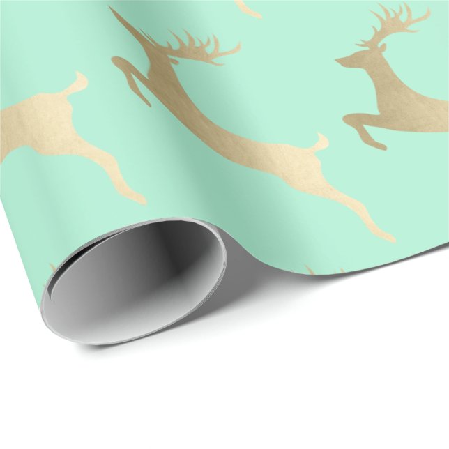Elegant Gold Mint Christmas Reindeer Pattern Wrapping Paper (Roll Corner)