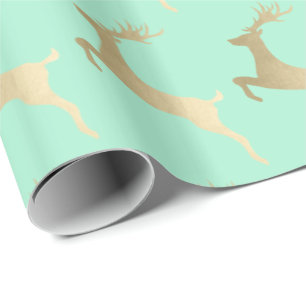 Elegant Gold Mint Christmas Reindeer Pattern Wrapping Paper