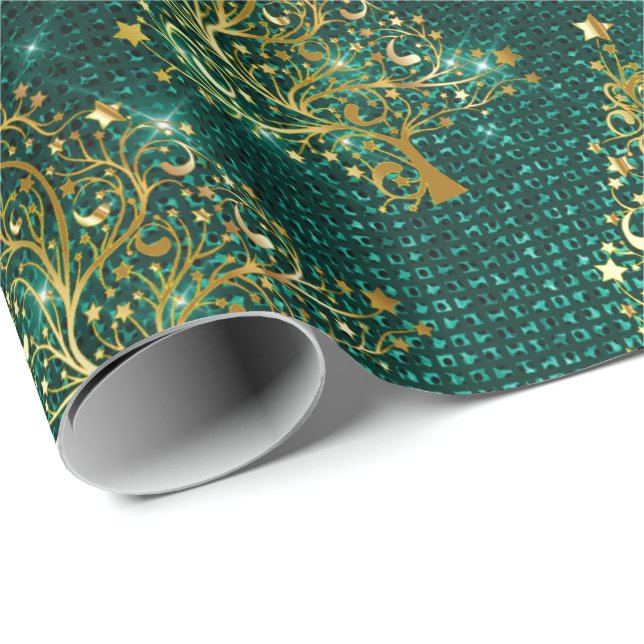Elegant Gold & Mint Glitter Christmas Tree Pattern Wrapping Paper (Roll Corner)