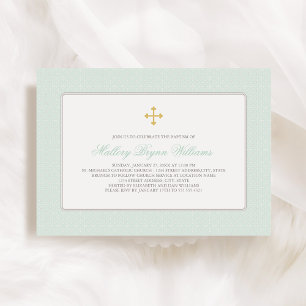 Elegant Gold Mint Green Cross Pattern Baby Baptism Invitation