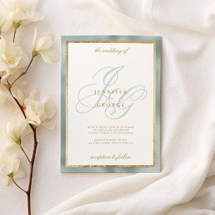 Elegant gold mint green monogram initials wedding  invitation