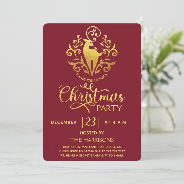 Elegant Gold Modern Deer Red Christmas Party  Invitation (Standing Front)