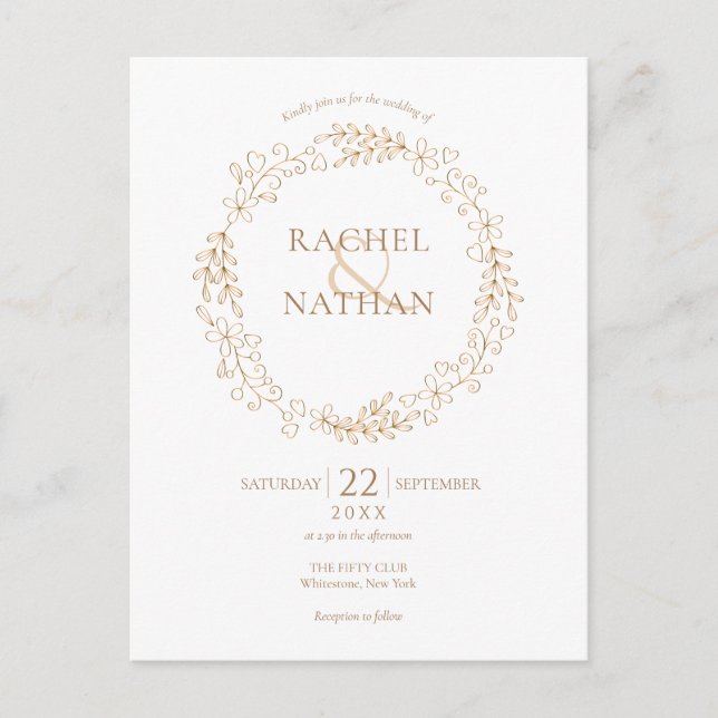 Elegant Gold Modern Laurel Garland Wedding Invitation Postcard (Front)