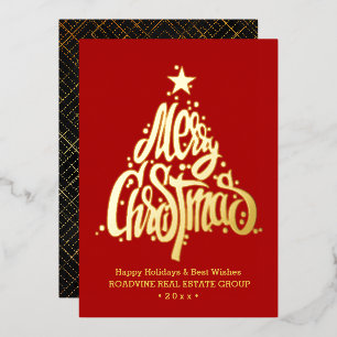 Elegant Gold Modern Script Red Merry Christmas Foil Holiday Card