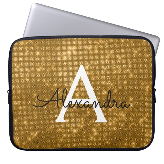 Elegant Gold Modern Sparkle Monogram Laptop Sleeve (Front)
