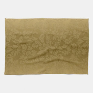 Elegant Gold Monochromatic Floral Damasks Pattern Tea Towel