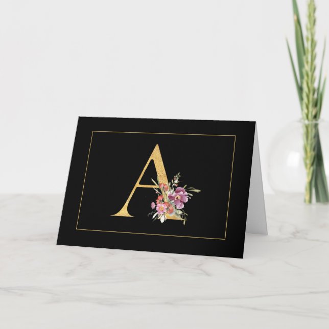 Elegant Gold Monogram A with Pink Flowers Note Card (Front)