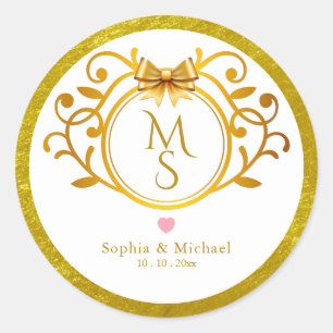 Elegant Gold Monogram and Floral Wreath Wedding Classic Round Sticker