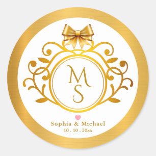 Elegant Gold Monogram and Floral Wreath Wedding Classic Round Sticker