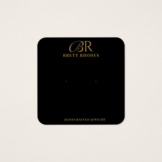 Elegant Gold Monogram Black Earring Display Card (Front)
