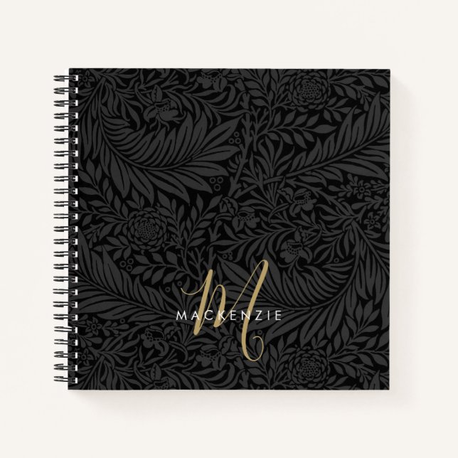 Elegant Gold Monogram Black Floral Pattern Notebook (Front)