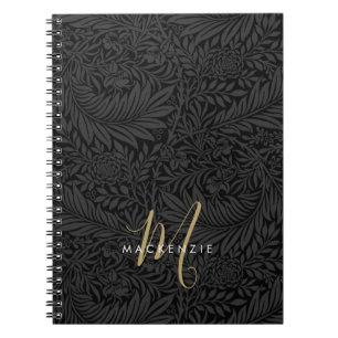 Elegant Gold Monogram Black Floral Pattern Notebook